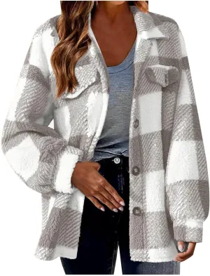 2024 Fall Coat Tops 2024 Winter Warm Fuzzy Plaid Shirt Jackets Plus Size Button Down Long Sleeve Coats with Pockets