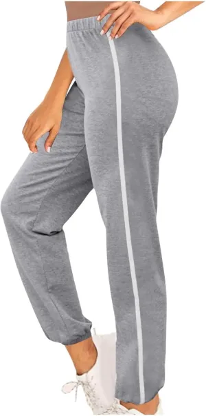 Baggy Sweatpants for Women Striped Casual Elastic High Waisted Joggers Cinch Bottom Lounge Pants with Pockets