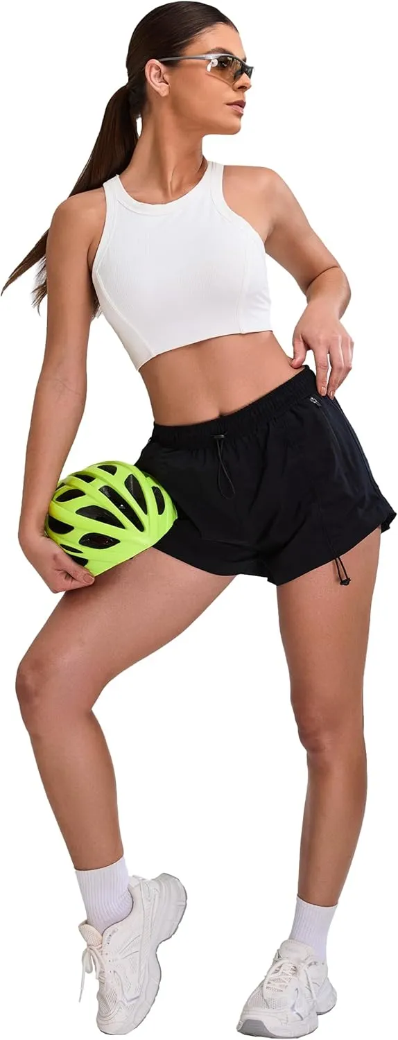 Blooming Jelly Athletic Shorts for Women High Waisted Running Shorts Zip Pocket Gym Elastic Workout Quick Dry Sporty