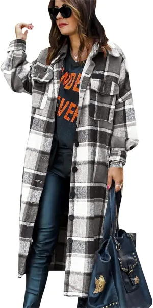 BOFETA Ladies Plaid Jackets Long Sleeve Flannel Shacket Jacket for Women Button Down Plaid Shacket