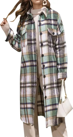 BOFETA Ladies Plaid Jackets Long Sleeve Flannel Shacket Jacket for Women Button Down Plaid Shacket