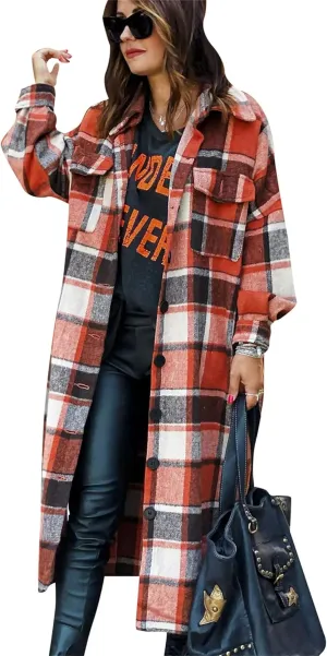 BOFETA Ladies Plaid Jackets Long Sleeve Flannel Shacket Jacket for Women Button Down Plaid Shacket