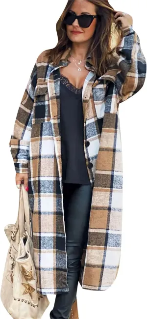 BOFETA Ladies Plaid Jackets Long Sleeve Flannel Shacket Jacket for Women Button Down Plaid Shacket