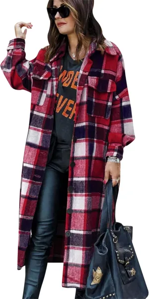BOFETA Ladies Plaid Jackets Long Sleeve Flannel Shacket Jacket for Women Button Down Plaid Shacket