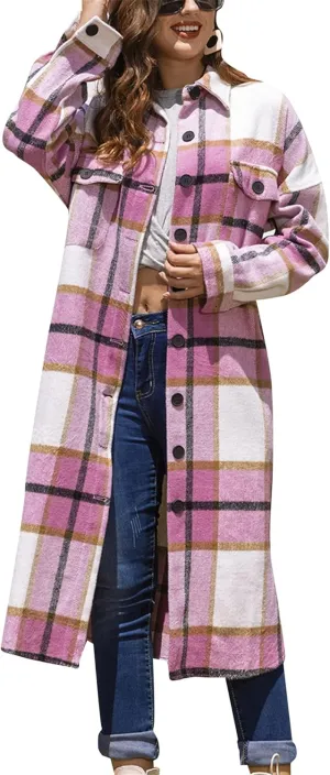 BOFETA Ladies Plaid Jackets Long Sleeve Flannel Shacket Jacket for Women Button Down Plaid Shacket