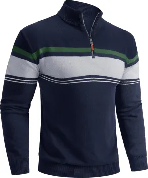 Boladeci Men's Sweaters Quarter Zip Pullover Premium Cotton Comfort Mock Neck Striped Fall Winter Fashion Thermal Sweaters