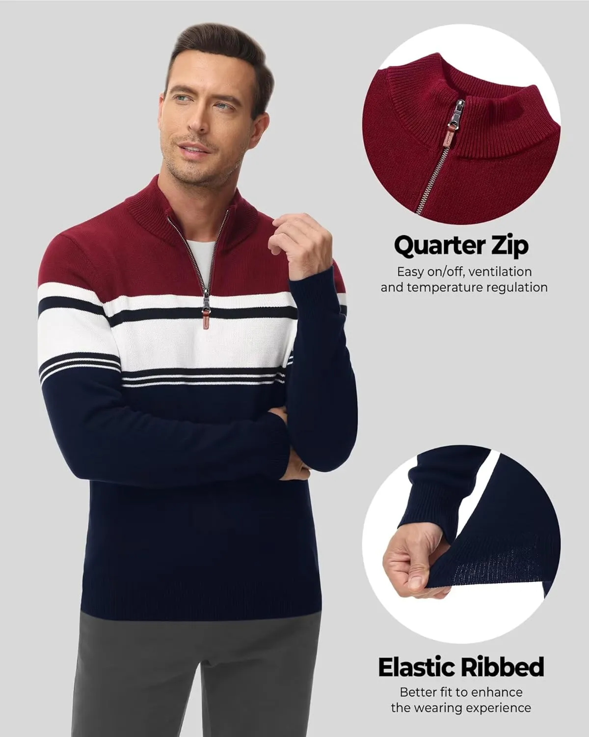 Boladeci Men's Sweaters Quarter Zip Pullover Premium Cotton Comfort Mock Neck Striped Fall Winter Fashion Thermal Sweaters