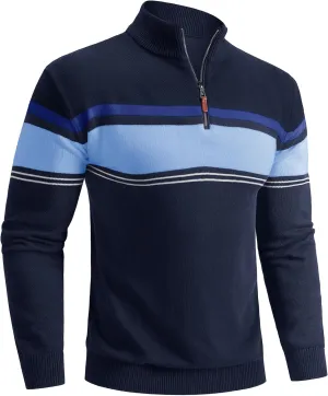 Boladeci Men's Sweaters Quarter Zip Pullover Premium Cotton Comfort Mock Neck Striped Fall Winter Fashion Thermal Sweaters