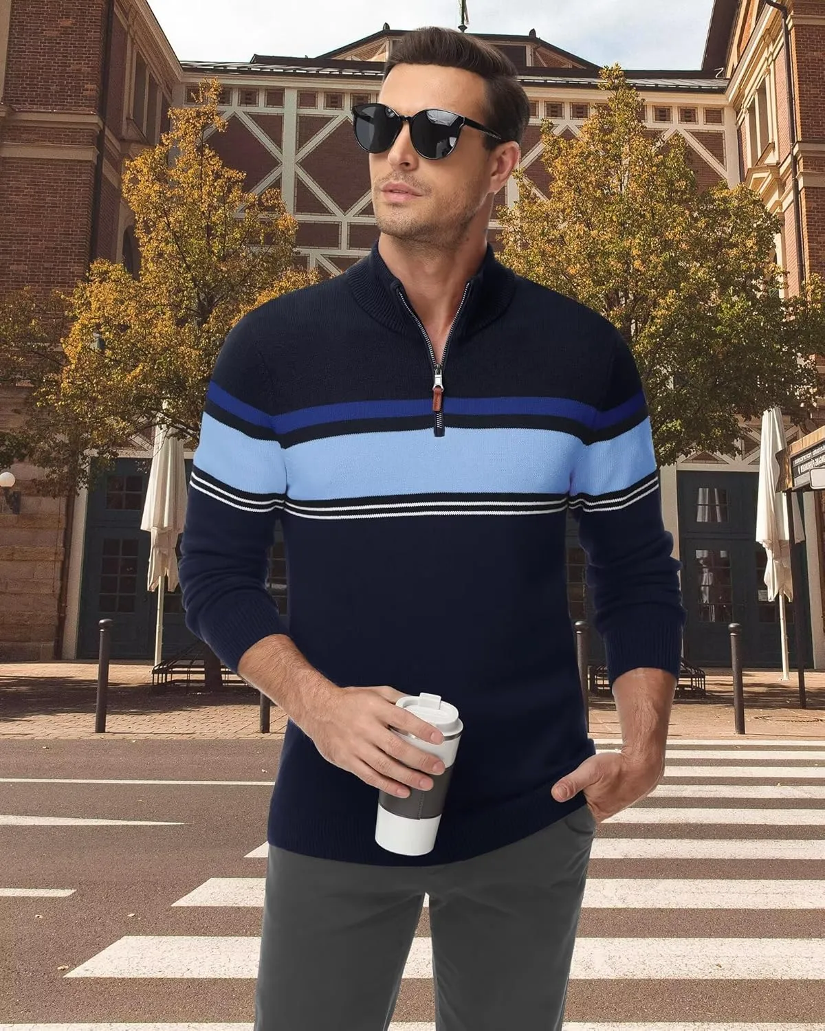 Boladeci Men's Sweaters Quarter Zip Pullover Premium Cotton Comfort Mock Neck Striped Fall Winter Fashion Thermal Sweaters