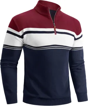 Boladeci Men's Sweaters Quarter Zip Pullover Premium Cotton Comfort Mock Neck Striped Fall Winter Fashion Thermal Sweaters