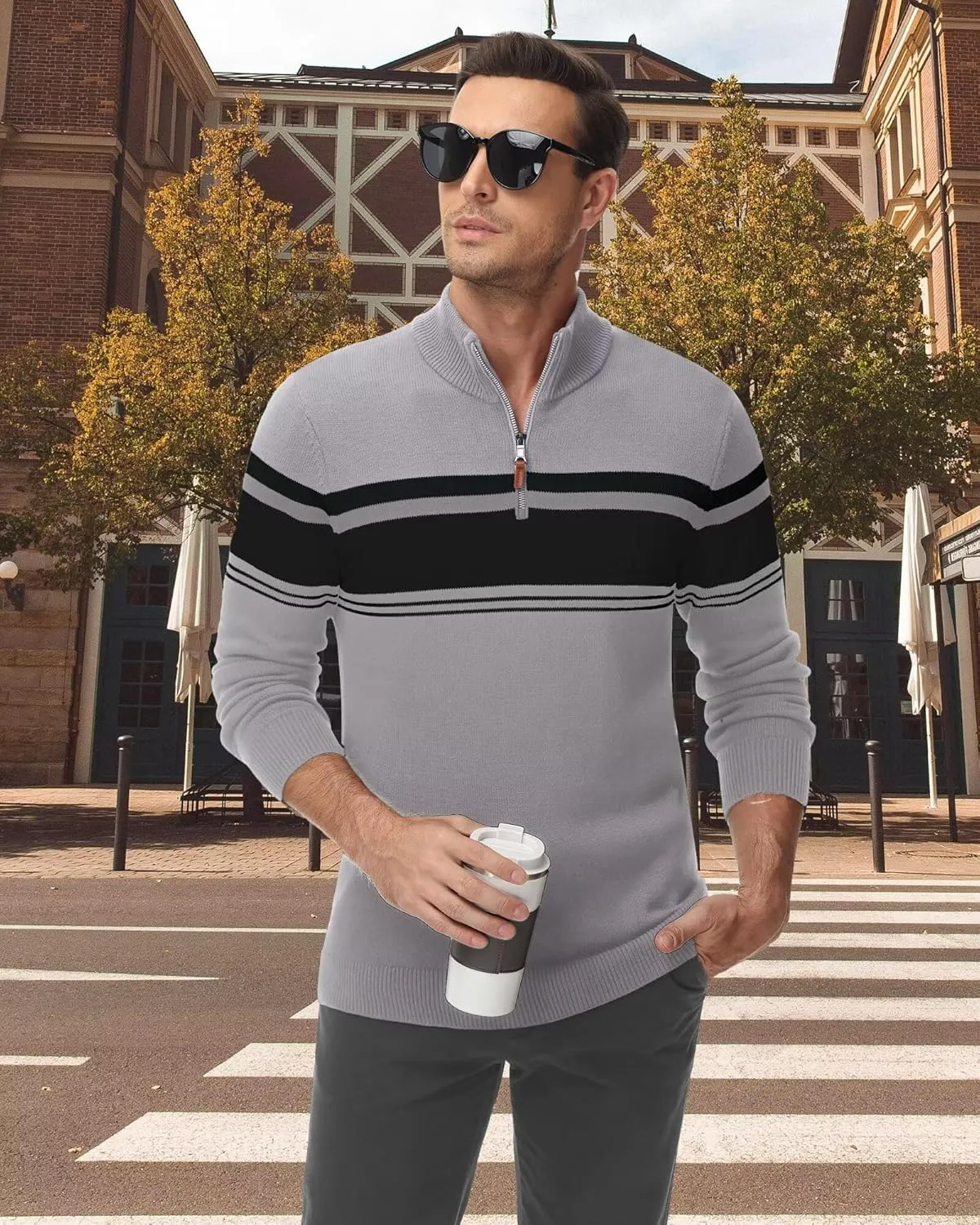 Boladeci Men's Sweaters Quarter Zip Pullover Premium Cotton Comfort Mock Neck Striped Fall Winter Fashion Thermal Sweaters