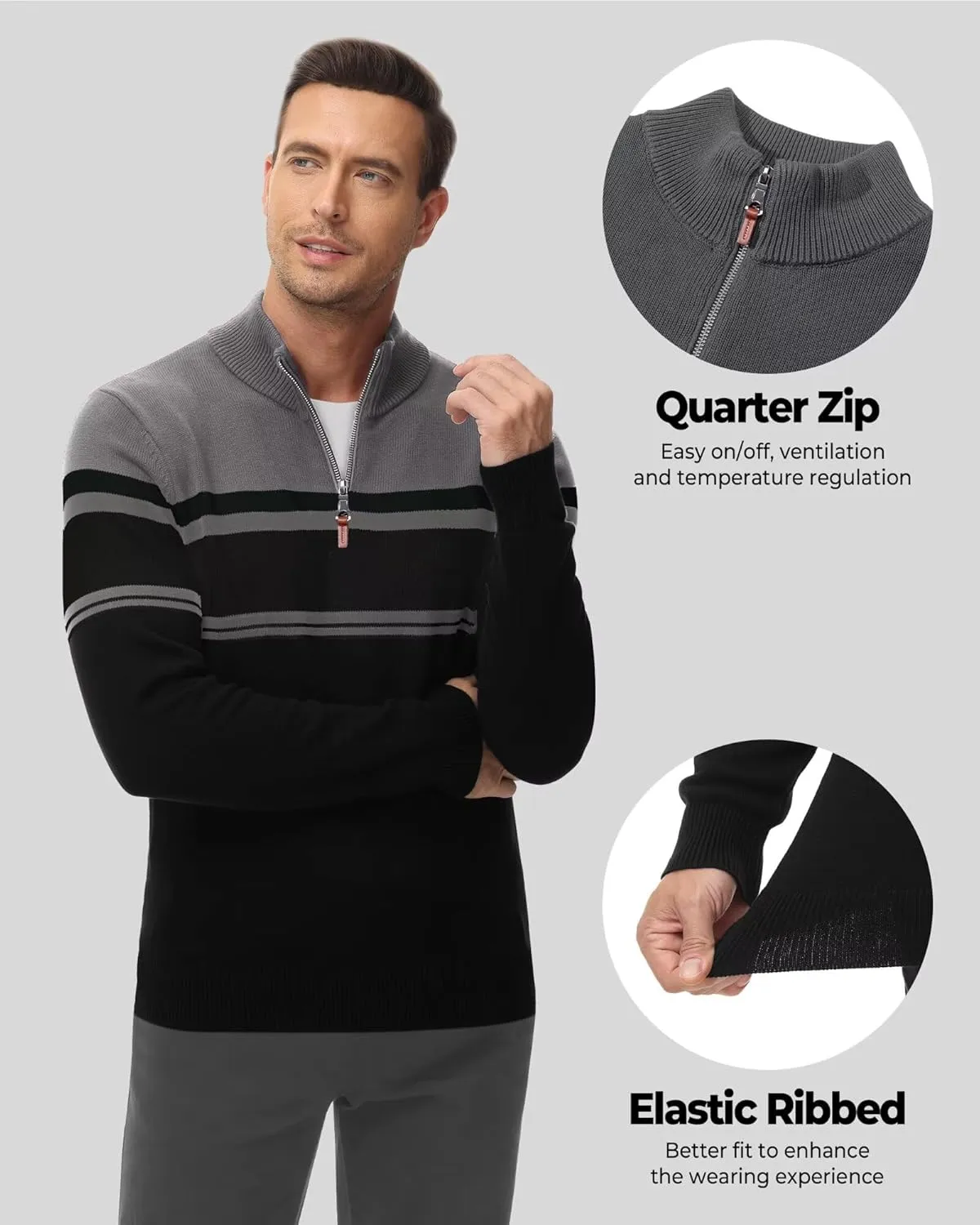 Boladeci Men's Sweaters Quarter Zip Pullover Premium Cotton Comfort Mock Neck Striped Fall Winter Fashion Thermal Sweaters