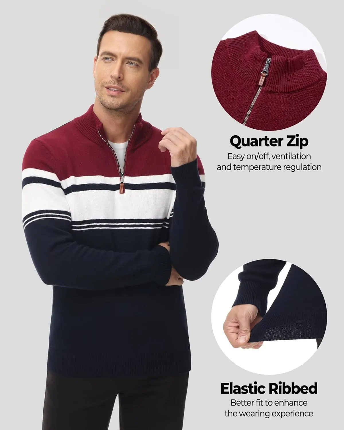 Boladeci Men's Sweaters Quarter Zip Pullover Premium Cotton Comfort Mock Neck Striped Fall Winter Fashion Thermal Sweaters