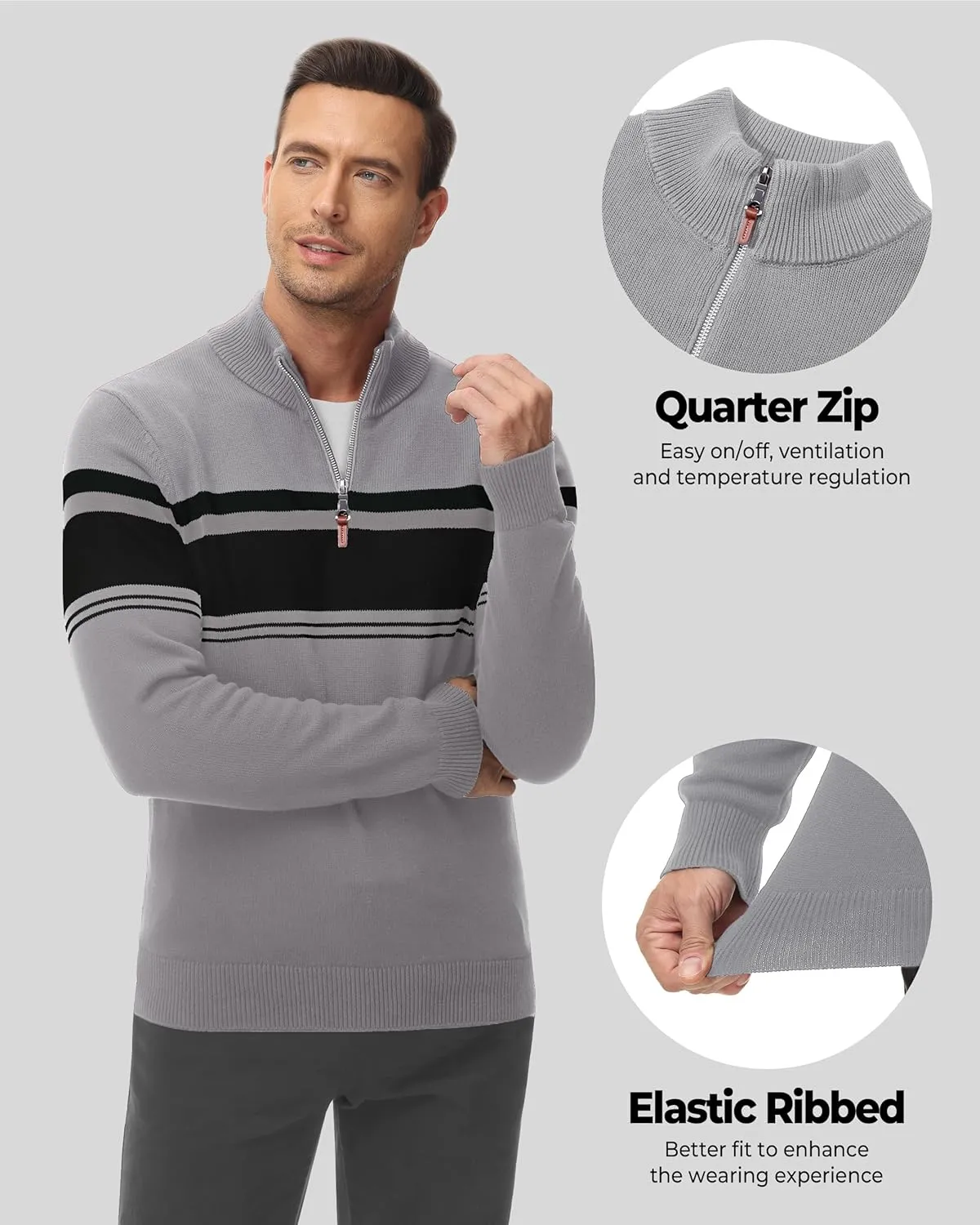 Boladeci Men's Sweaters Quarter Zip Pullover Premium Cotton Comfort Mock Neck Striped Fall Winter Fashion Thermal Sweaters
