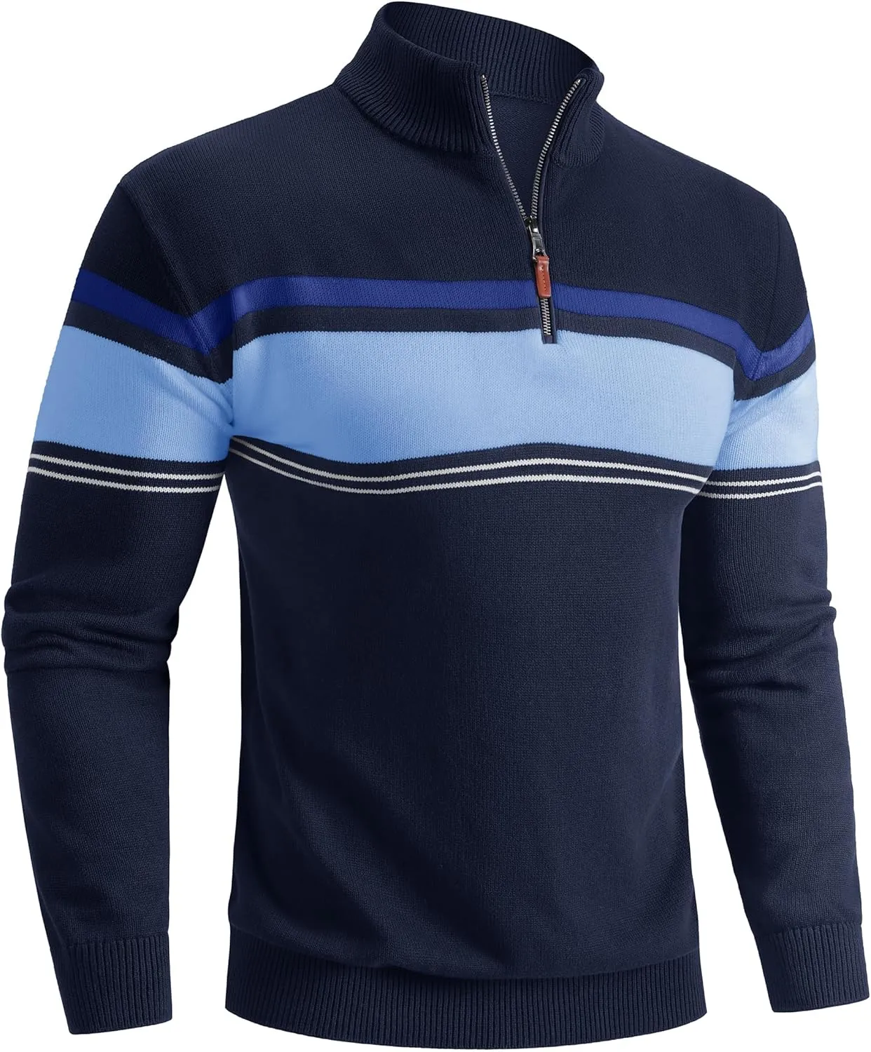 Boladeci Men's Sweaters Quarter Zip Pullover Premium Cotton Comfort Mock Neck Striped Fall Winter Fashion Thermal Sweaters