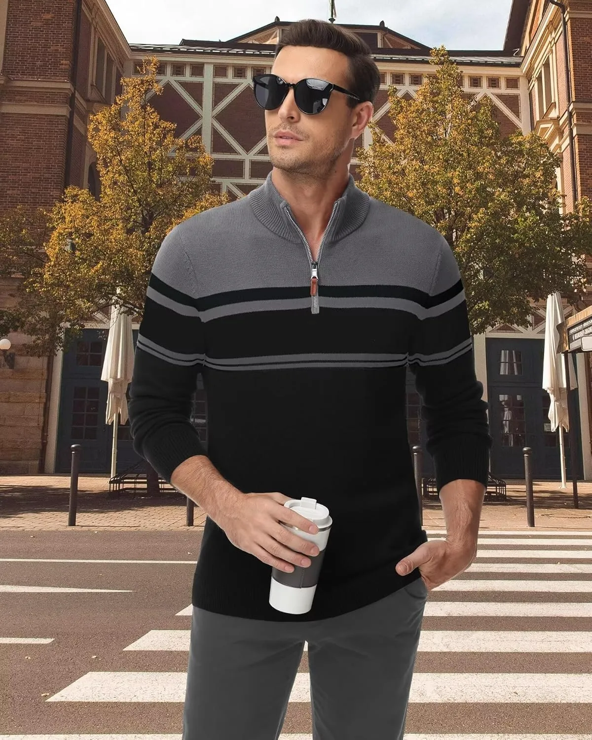 Boladeci Men's Sweaters Quarter Zip Pullover Premium Cotton Comfort Mock Neck Striped Fall Winter Fashion Thermal Sweaters