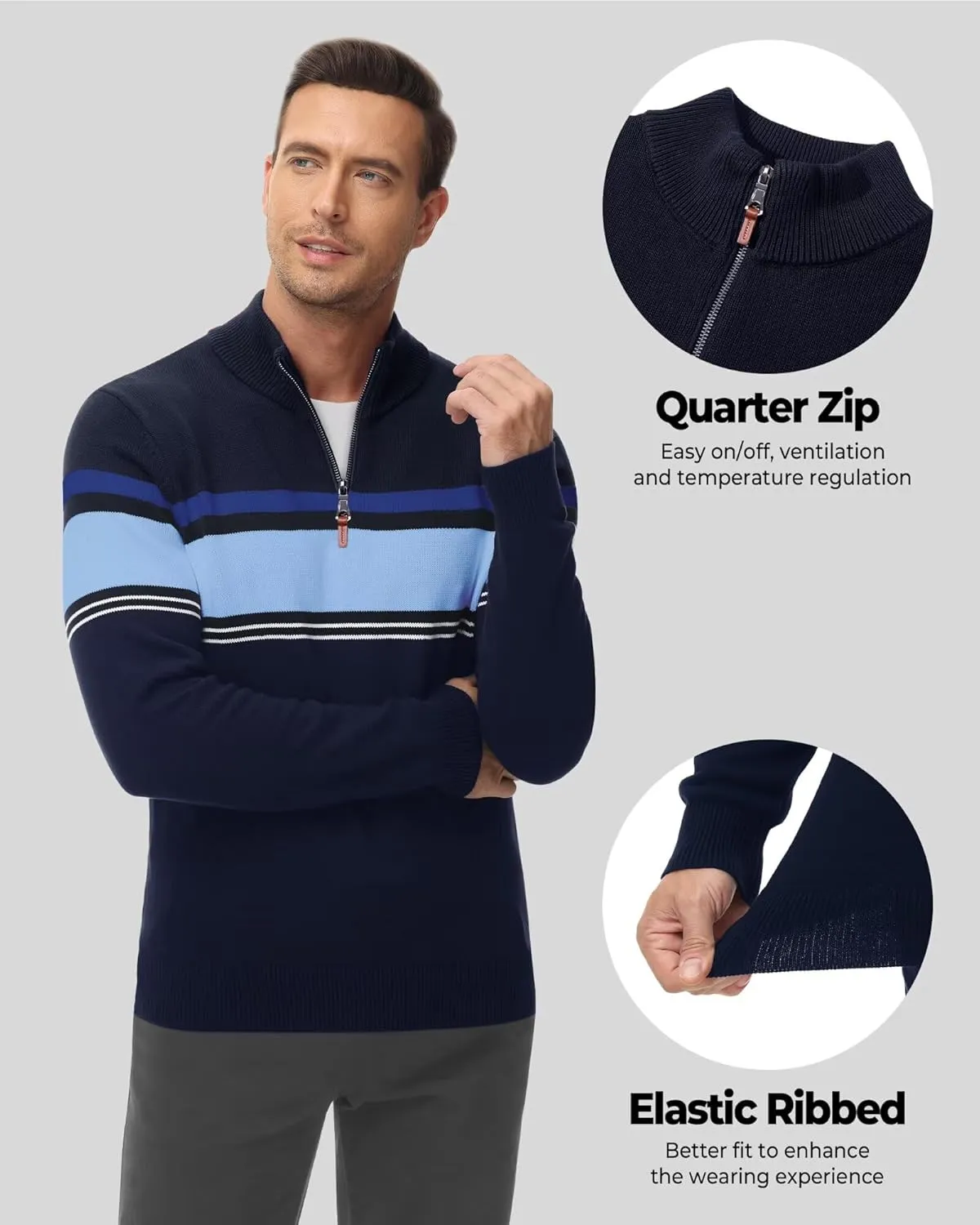 Boladeci Men's Sweaters Quarter Zip Pullover Premium Cotton Comfort Mock Neck Striped Fall Winter Fashion Thermal Sweaters