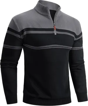 Boladeci Men's Sweaters Quarter Zip Pullover Premium Cotton Comfort Mock Neck Striped Fall Winter Fashion Thermal Sweaters