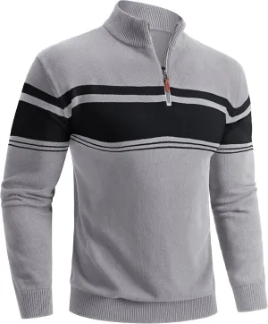 Boladeci Men's Sweaters Quarter Zip Pullover Premium Cotton Comfort Mock Neck Striped Fall Winter Fashion Thermal Sweaters