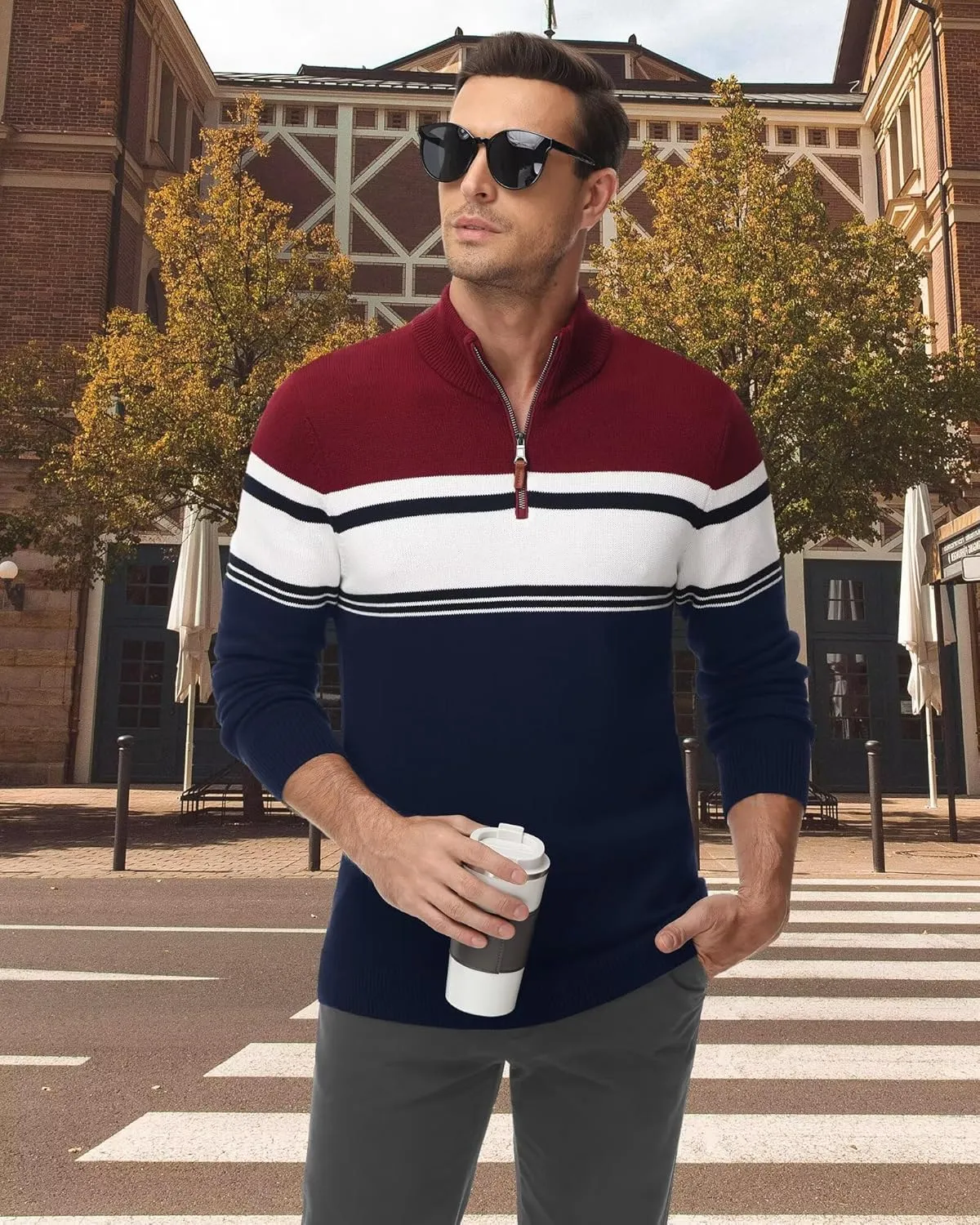 Boladeci Men's Sweaters Quarter Zip Pullover Premium Cotton Comfort Mock Neck Striped Fall Winter Fashion Thermal Sweaters