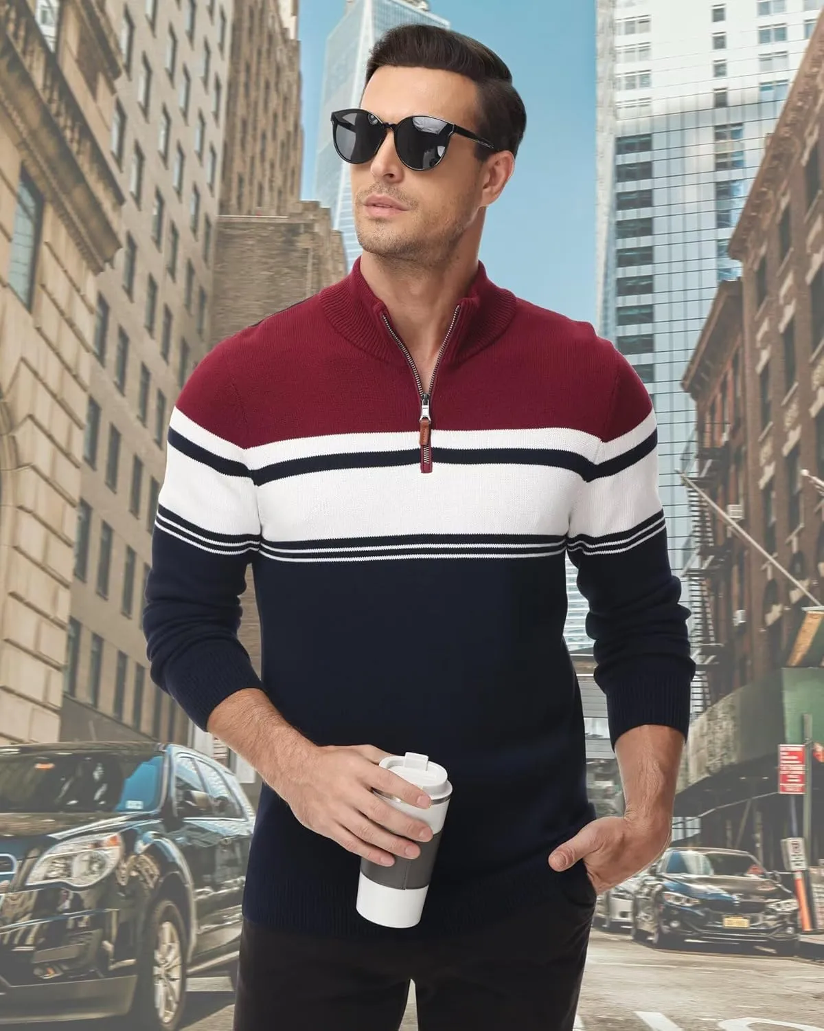 Boladeci Men's Sweaters Quarter Zip Pullover Premium Cotton Comfort Mock Neck Striped Fall Winter Fashion Thermal Sweaters