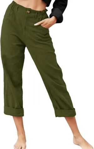 Capri Pants for Women Casual High Waisted Zipper Button Pants Loose Straight Leg Solid Color Comfy Trousers with Pockets