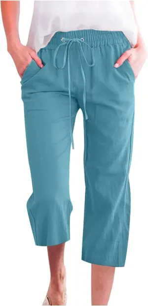 Capri Pants for Women Casual Summer Elastic High Waist Drawstring Linen Straight Cropped Trouser Comfy Beach Pants