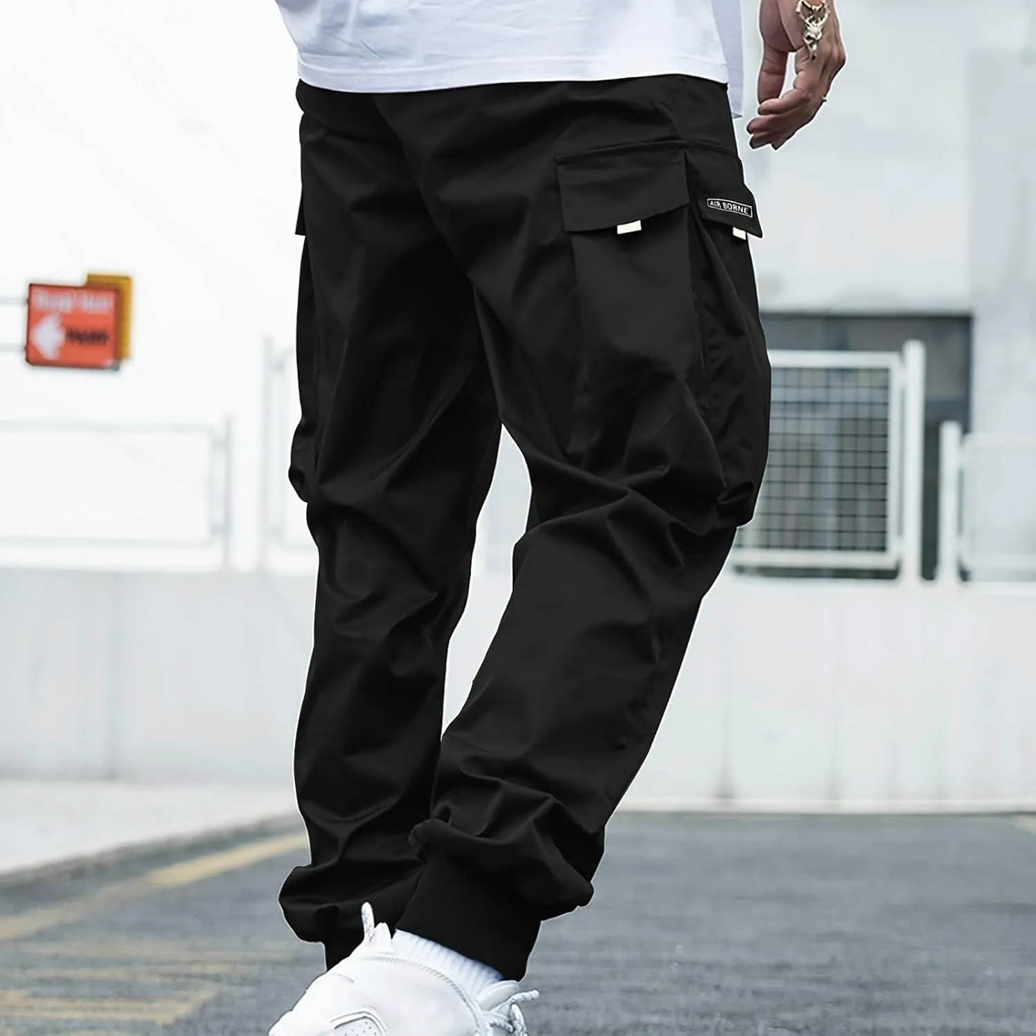 Cargo Joggers Men Lightweight Ankle Cuff Baggy Sweatpants Drawstring Elastic Waist Athletic Pants with Pockets