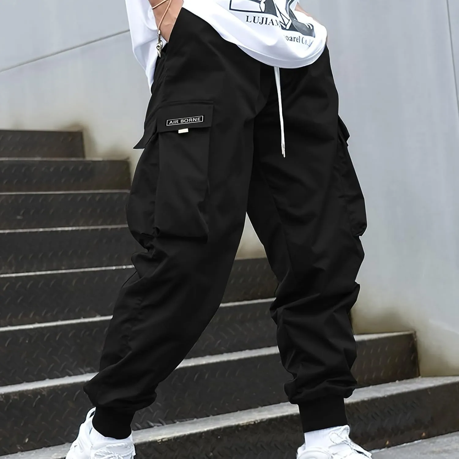 Cargo Joggers Men Lightweight Ankle Cuff Baggy Sweatpants Drawstring Elastic Waist Athletic Pants with Pockets