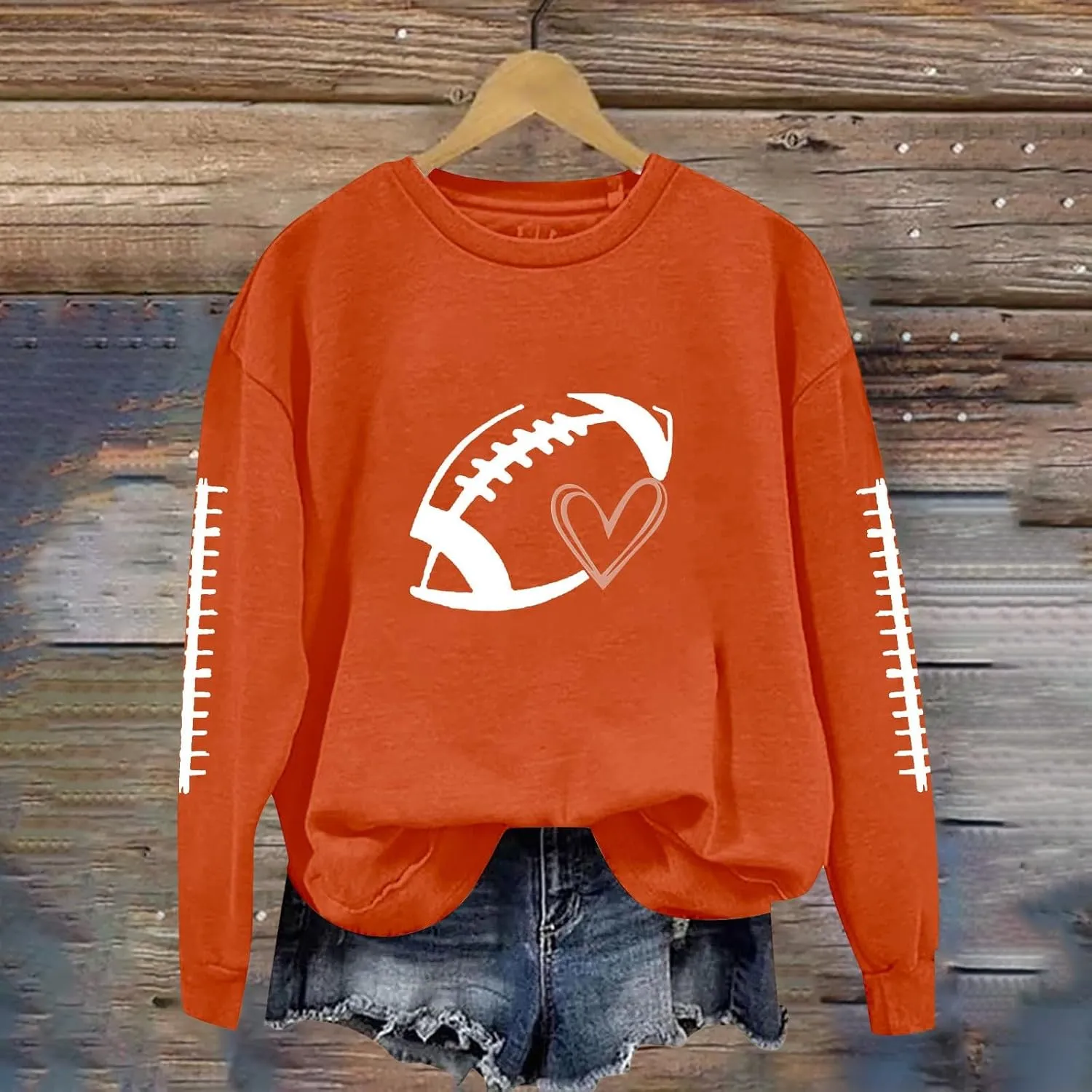 Casual Football Season Shirt Ladies' Round Neck Long Sleeved Printed Solid Long Sleeve Game Day