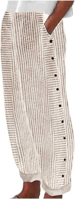 Casual Pants for Women Trendy Stripe Side Button Up Elastic Waist Straight Leg Trousers with Pocket