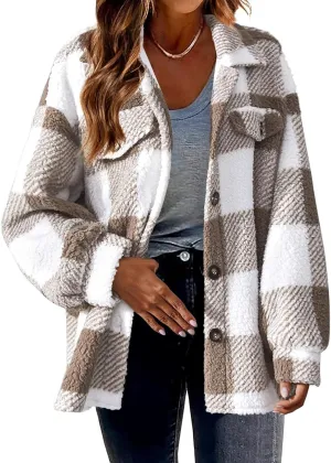 Cdiecer Women Flannel Jacket Fuzzy Plaid Jacket Button Down Teddy Coat Long Sleeve Sherpa Jackets Winter Warm Coats