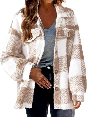 Cdiecer Women Flannel Jacket Fuzzy Plaid Jacket Button Down Teddy Coat Long Sleeve Sherpa Jackets Winter Warm Coats