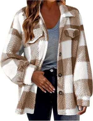 Cdiecer Women Flannel Jacket Fuzzy Plaid Jacket Button Down Teddy Coat Long Sleeve Sherpa Jackets Winter Warm Coats