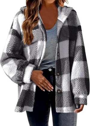 Ceboyel Women Flannel Jackets 2023 Fleece Plaid Hoodies Jacket Hooded Long Sleeve Shirt Trendy Fall Winter Ladies Clothes