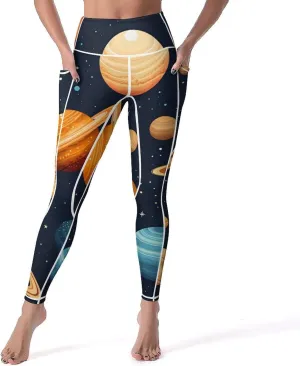 Celestial Planets Women's Yoga Pants Leggings with Pockets High Waist Compression Workout Pants