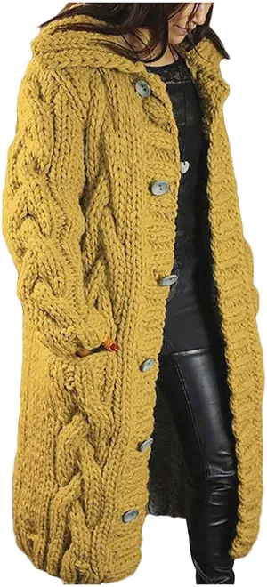 Chunky Cute Sweaters for Women Button Down Solid Color 2023 with Hood Long Pockets Plus Size Cable Knit Work Cardigan