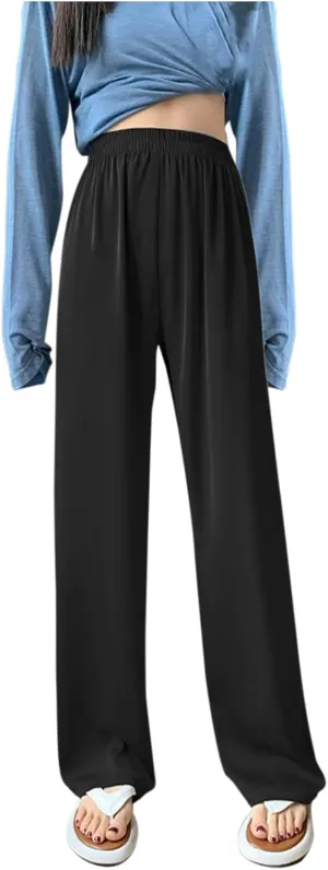 Comfy Trousers for Women Thin Summer Breathable Straight Leg Pants Stretch Elastic Waist Solid Color Casual Pants