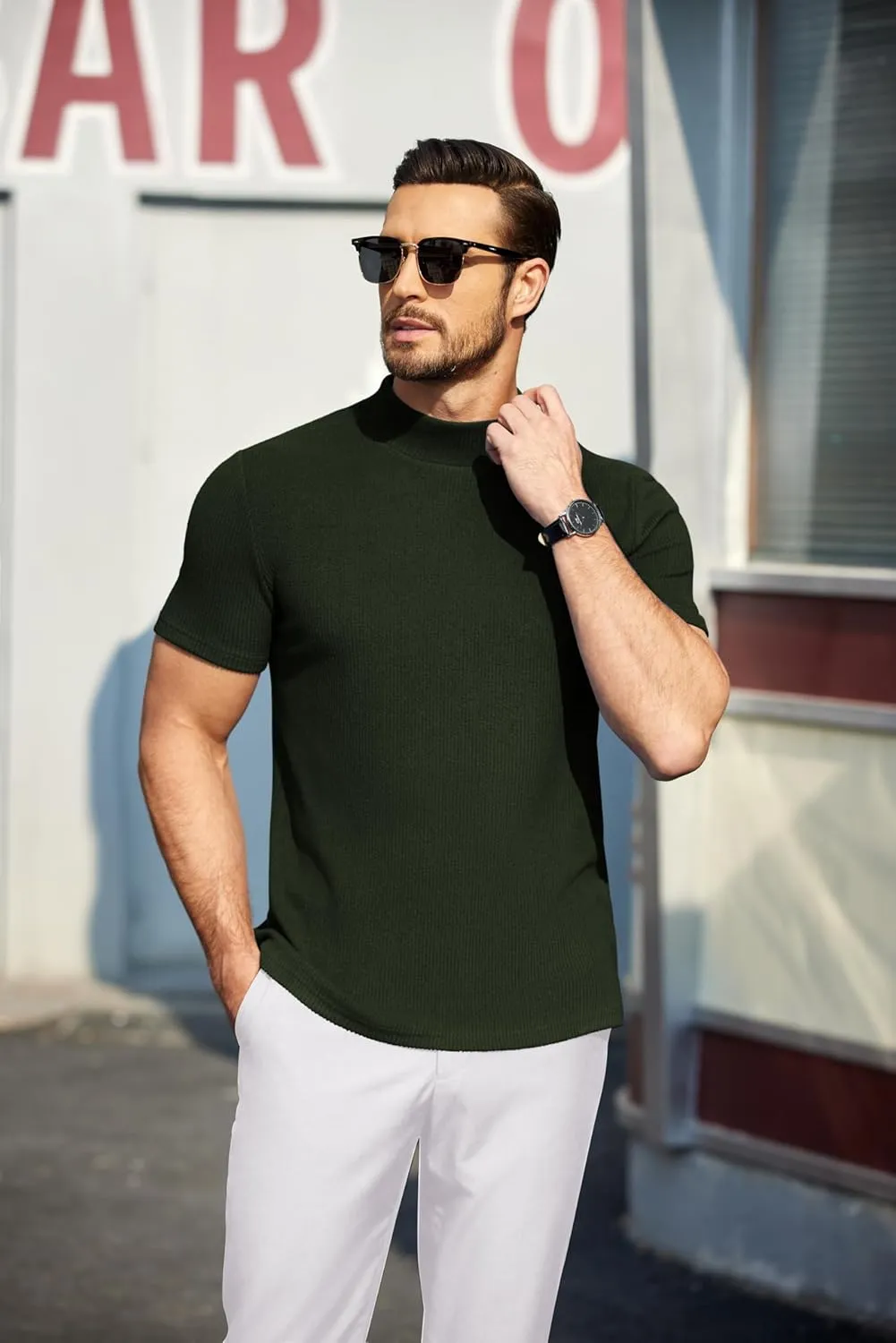 COOFANDY Mens Mock Turtleneck Sweater Short Sleeve Turtle Neck Sweaters Casual Ribbed Knited Pullover Tops Solid Basic Tee