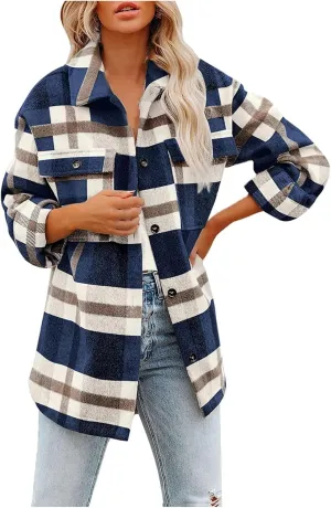 cooki Winter Coats for Women Women's Casual Wool Blend Plaid Lapel Button Down Shirts Long Sleeve Shacket Jacket Outwear Tops