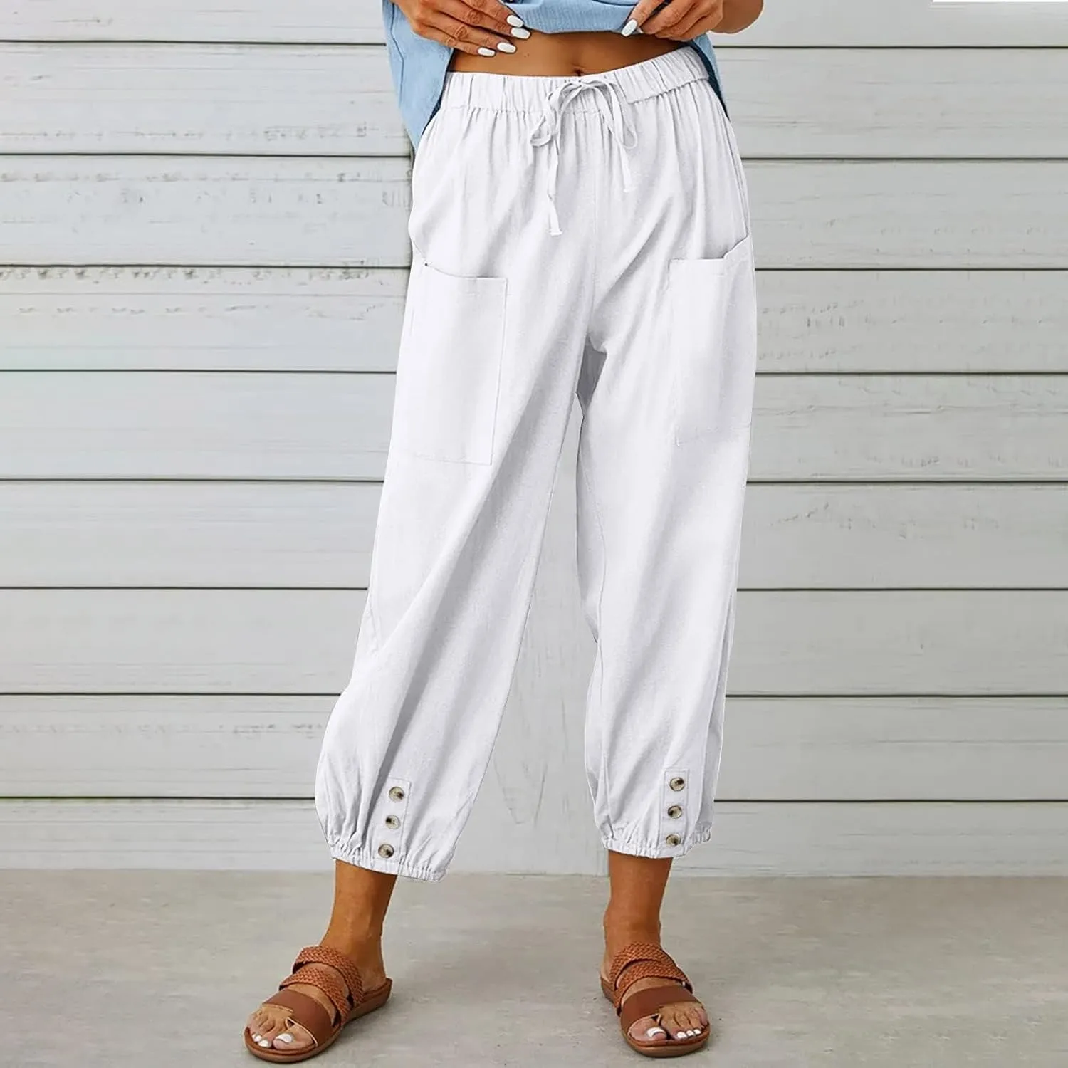 Costaric Capri Pants for Womens Drawstring High Waist Pants Cotton Linen Wide Leg Cropped Pants with Pockets