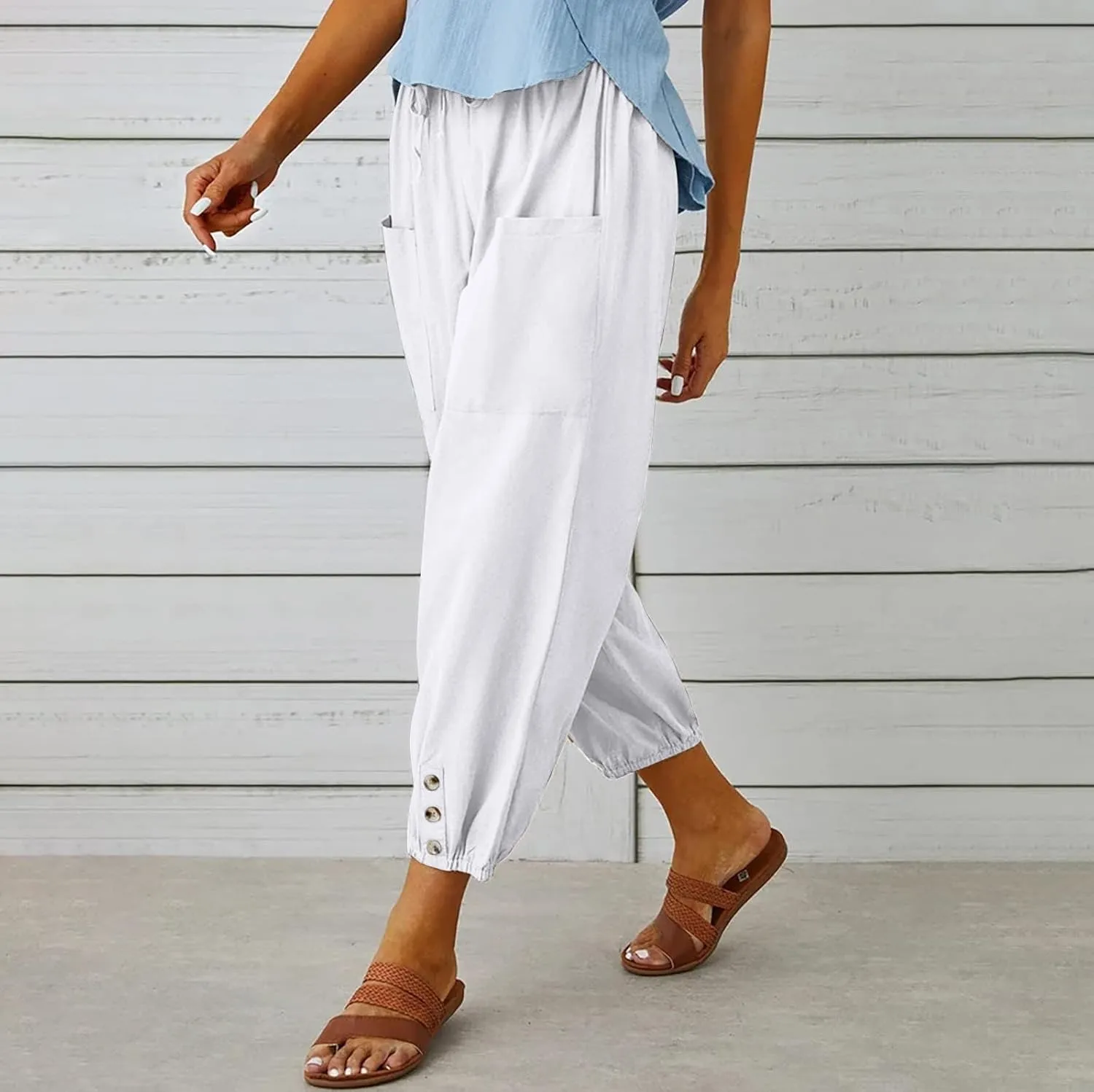 Costaric Capri Pants for Womens Drawstring High Waist Pants Cotton Linen Wide Leg Cropped Pants with Pockets