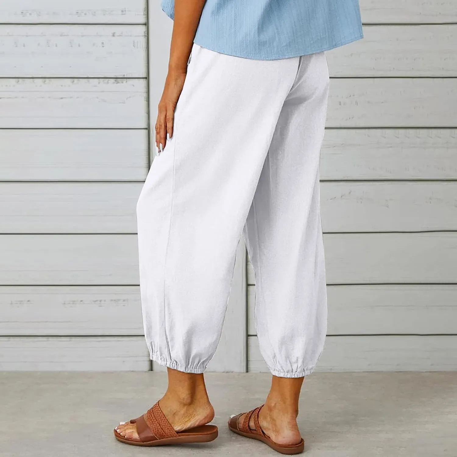 Costaric Capri Pants for Womens Drawstring High Waist Pants Cotton Linen Wide Leg Cropped Pants with Pockets