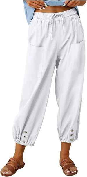 Costaric Capri Pants for Womens Drawstring High Waist Pants Cotton Linen Wide Leg Cropped Pants with Pockets