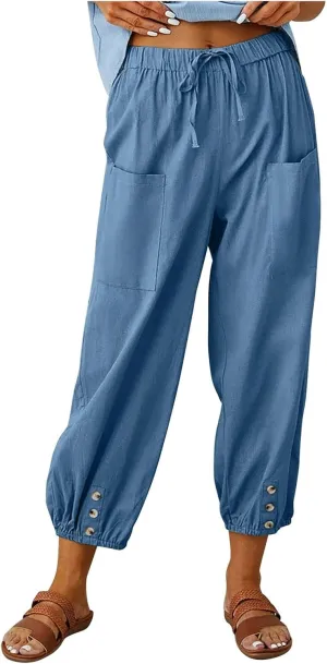 Costaric Capri Pants for Womens Drawstring High Waist Pants Cotton Linen Wide Leg Cropped Pants with Pockets