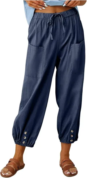 Costaric Capri Pants for Womens Drawstring High Waist Pants Cotton Linen Wide Leg Cropped Pants with Pockets