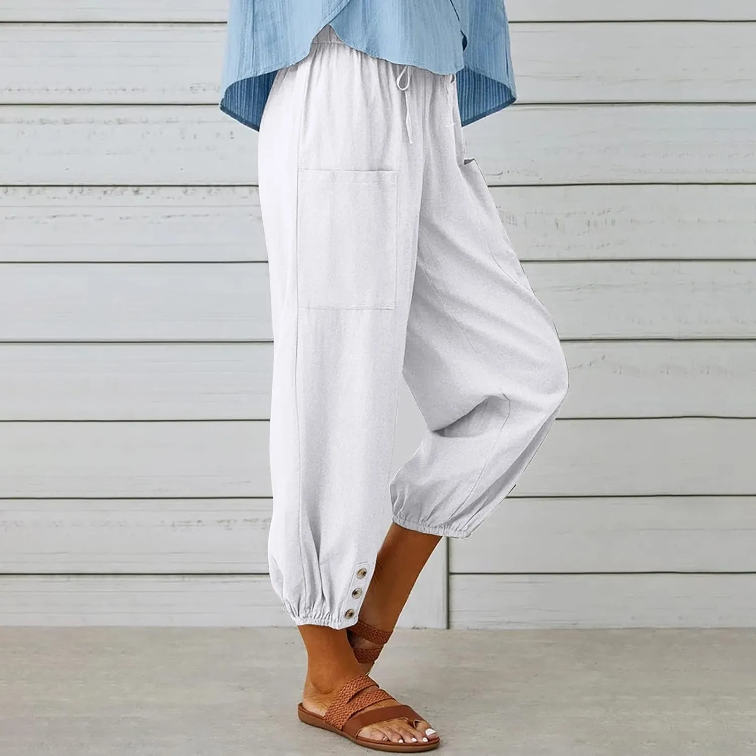 Costaric Capri Pants for Womens Drawstring High Waist Pants Cotton Linen Wide Leg Cropped Pants with Pockets