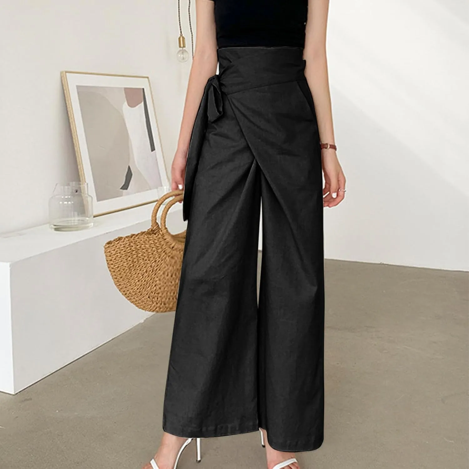 Cotton Linen Palazzo Pants for Women Fashion Side Paperbag Wide Leg Pants Casual Loose Elegant Solid Irregular Trousers