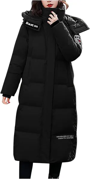 DDAPJ pyju Women Long Quilted Coat Knee Length Hooded Puffer Jacket Padded Down Coat Winter Thickened Parka Outerwear