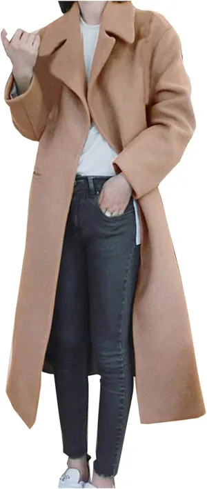 DDAPJ pyju Women's Elegant Wool Blend Trench Coat Notch Collar Open Front Long Jacket Ladies Fashion Pea Coats with Pockets
